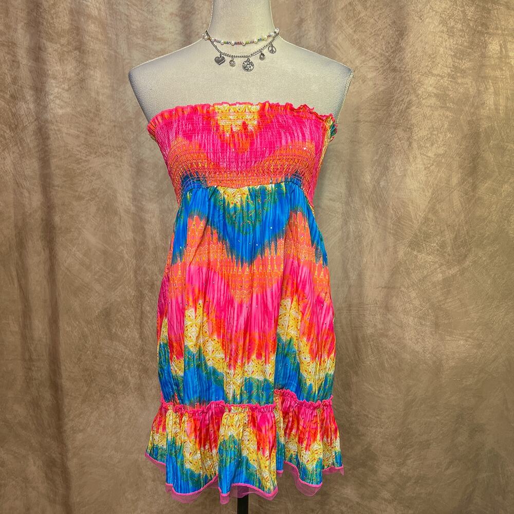 Vintage Y2K Strapless Mini Dress Multicolor Rainbow Smocked Bodice Mesh Trim